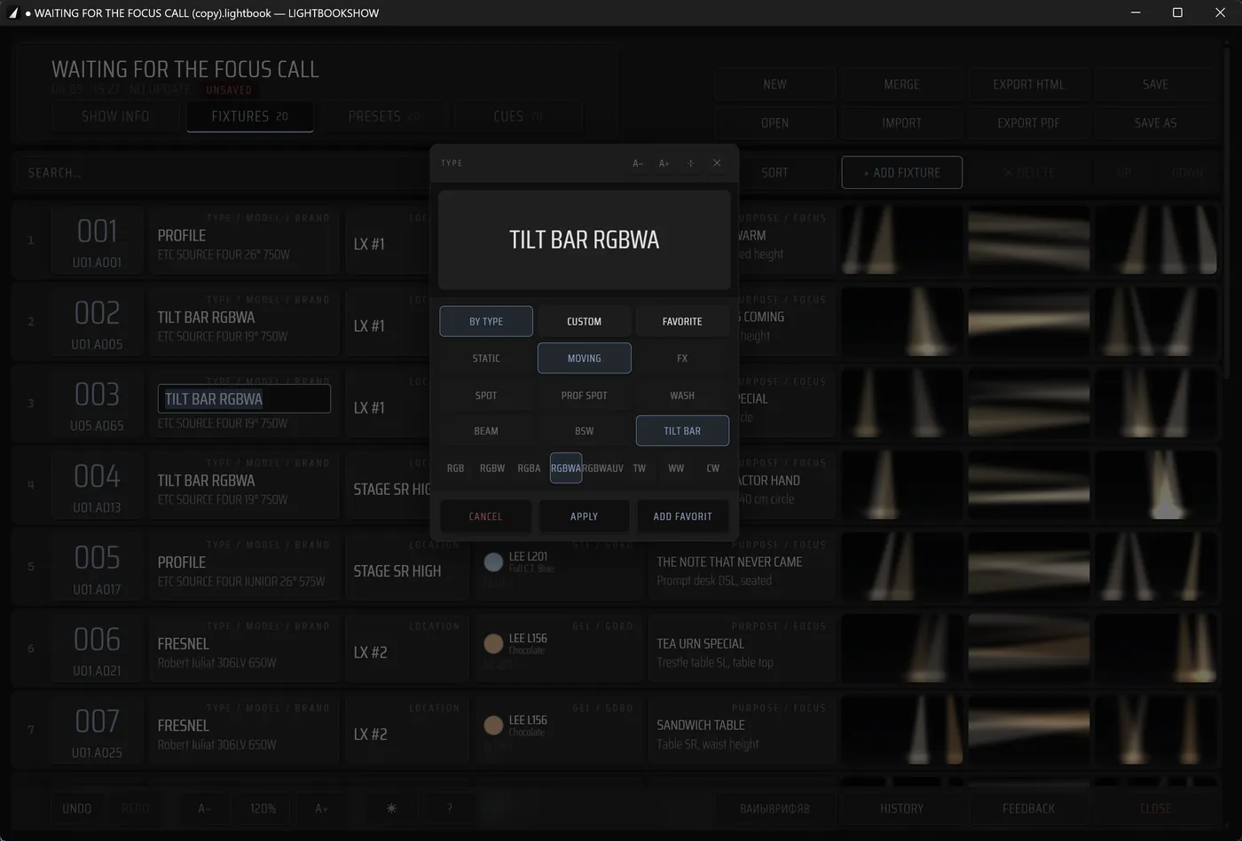 The type picker: BY TYPE, MOVING, TILT BAR, RGBWA