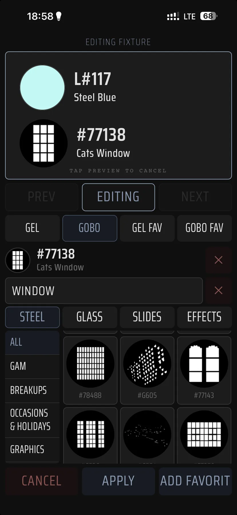 Gobo library with pattern previews