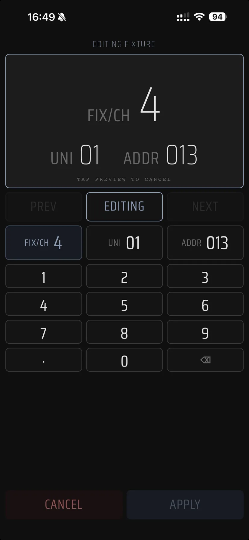 Address picker: channel, universe and DMX address